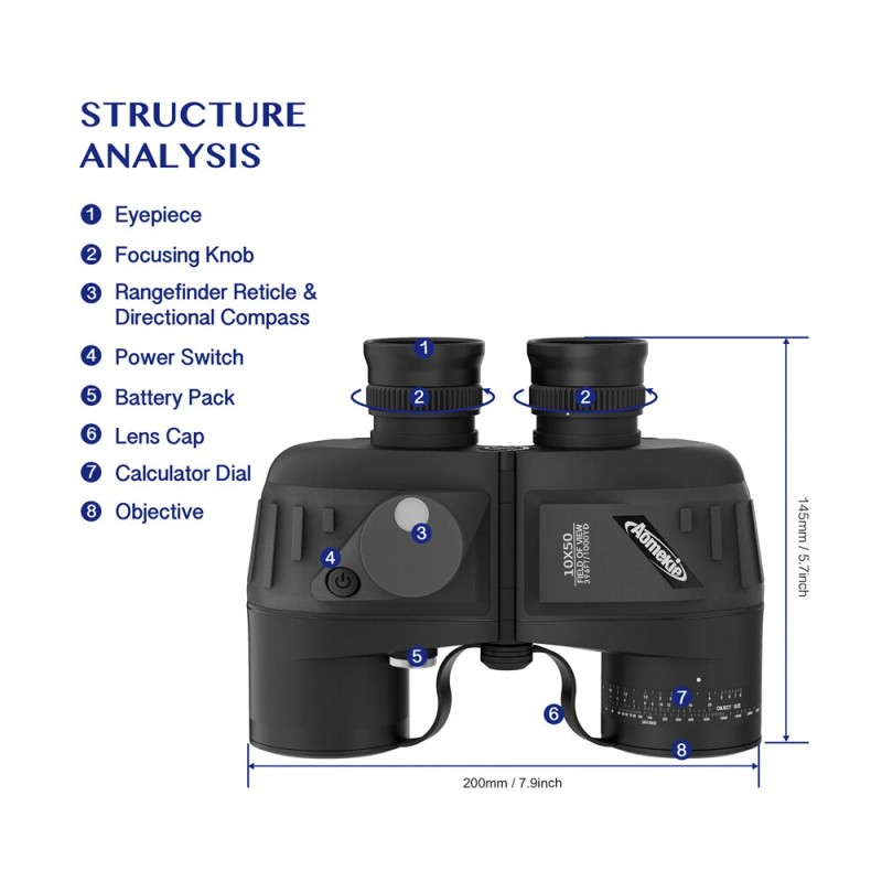 AOMEKIE merikiikarit 7x50 vedenpitävät IPX7 valaistu etäisyysmittari kompassilla AO3002