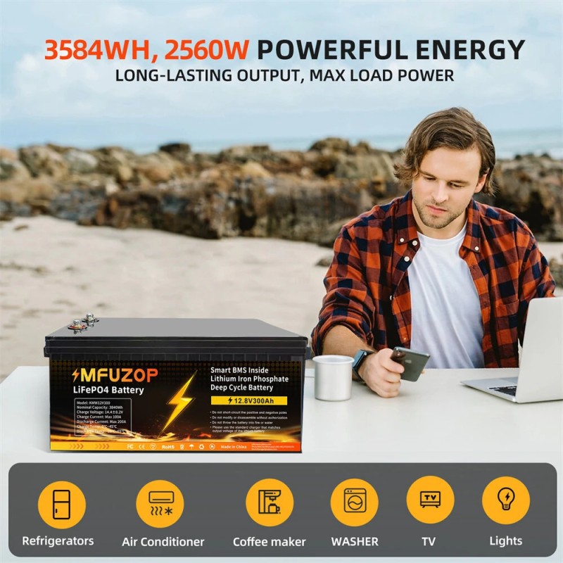 MFUZOP 12V 300Ah ladattava LiFePO4-akku 3840Wh äly-BMS:llä matkailuautoon aurinkoenergian varastointiin