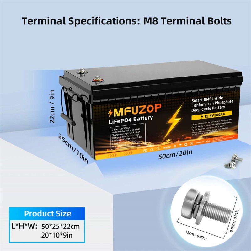 MFUZOP 12V 300Ah ladattava LiFePO4-akku 3840Wh äly-BMS:llä matkailuautoon aurinkoenergian varastointiin