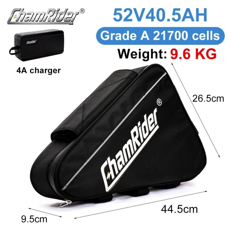 ChamRider 52V 40,5Ah 2106Wh sähköpyörään kolmionmuotoinen akku IP65-luokiteltu 50A:n akunsuojapiiri 4A-laturi