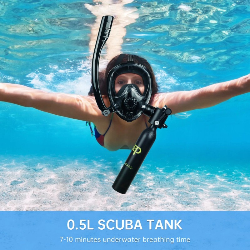 DIDEEP 0,5-litrainen kokokasvoinen snorkkelisetti pienellä sukelluspullolla ja täyttöpumpulla