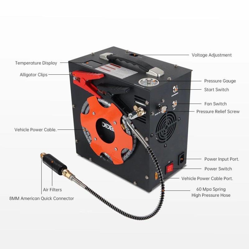 DIDEEP kannettava korkeapaineinen automaattinen ilmakompressori DC12V/AC110-220V 300 bar kaksoissäiliöille