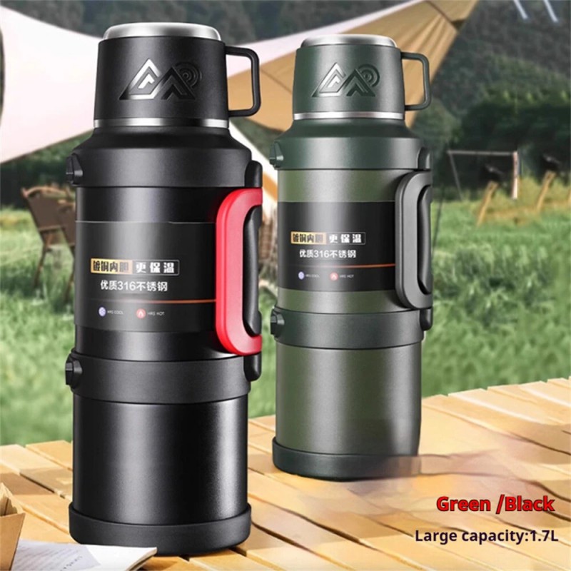 IPRee 1,7 l suuri ruostumaton teräs kahvallinen termos kannettava ulkoiluun 72 tunnin lämpöeristys