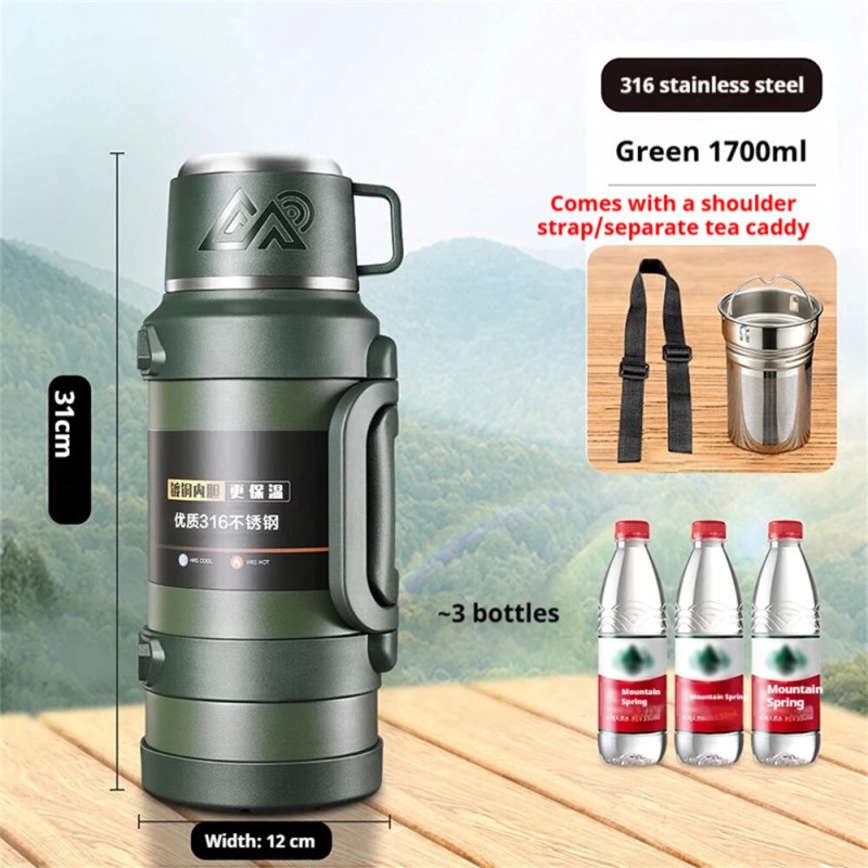 IPRee 1,7 l suuri ruostumaton teräs kahvallinen termos kannettava ulkoiluun 72 tunnin lämpöeristys