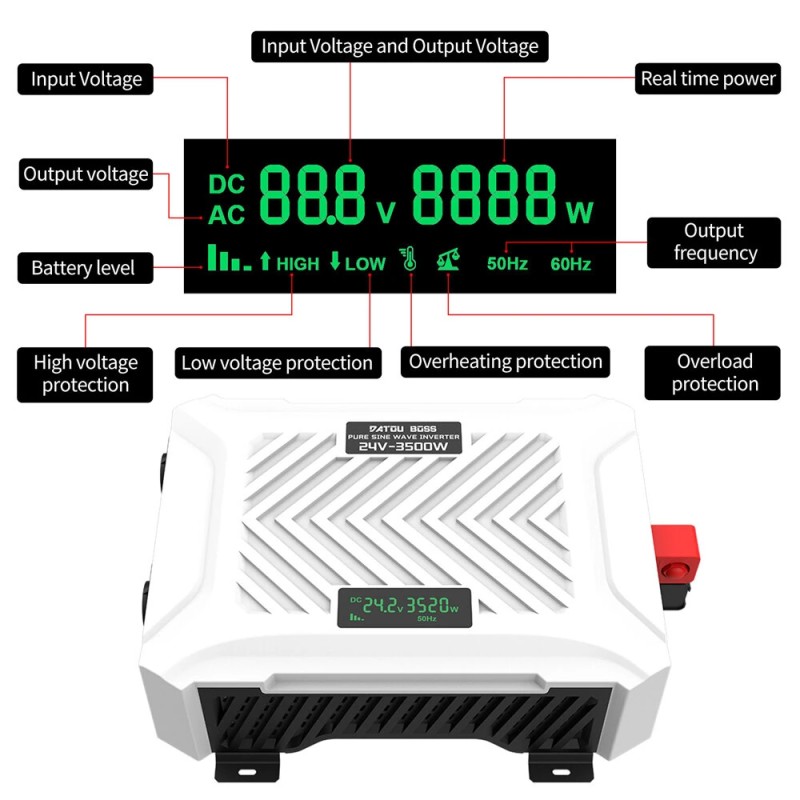 DATOUBOSS puhtaan siniaallon invertteri autokäyttöön 12V 2000W 12V 3000W 24V 3500W näytöllä