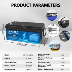 MFUZOP 12V LiFePO4 akku 100Ah/200Ah/300Ah suuri kapasiteetti BMS pitkäikäinen aurinkokäyttöön