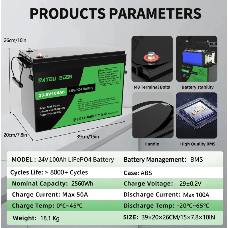 DATOUBOSS LiFePO4-akku 24V/48V 100Ah 2560/5120Wh päivitetyllä 100A BMS:llä 8000 sykliä