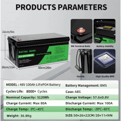 DATOUBOSS LiFePO4-akku 24V/48V 100Ah 2560/5120Wh päivitetyllä 100A BMS:llä 8000 sykliä