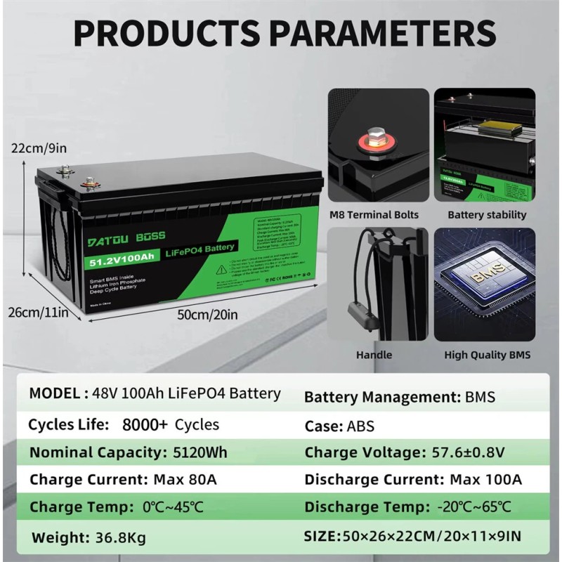 DATOUBOSS LiFePO4-akku 24V/48V 100Ah 2560/5120Wh päivitetyllä 100A BMS:llä 8000 sykliä