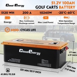 Cloudenergy 48V 100Ah LiFePO4 akku golfautoon ja matkailuun, sisäänrakennettu 200A BMS