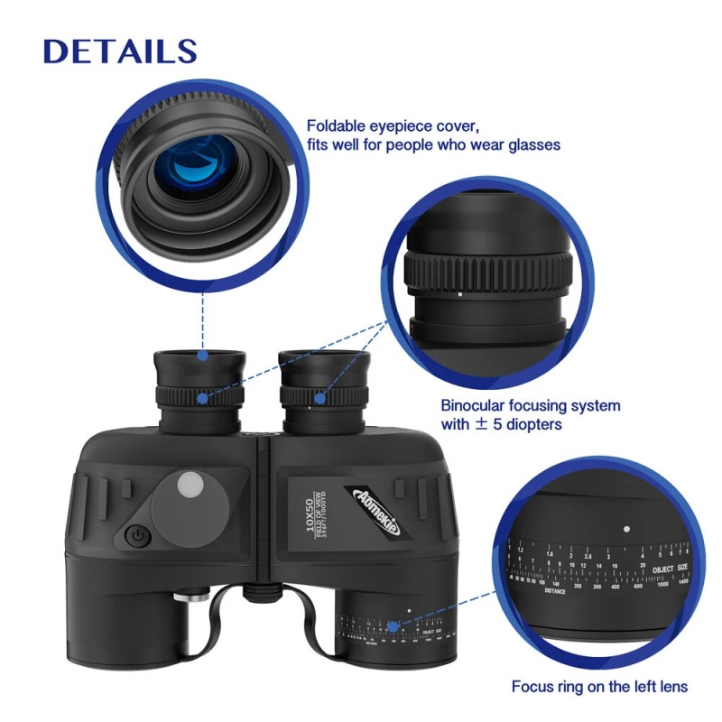 AOMEKIE 10x50 teräväpiirto vedenpitävät sotilasluokan kiikarit sisäinen etäisyysmittari kompassi AO3015B