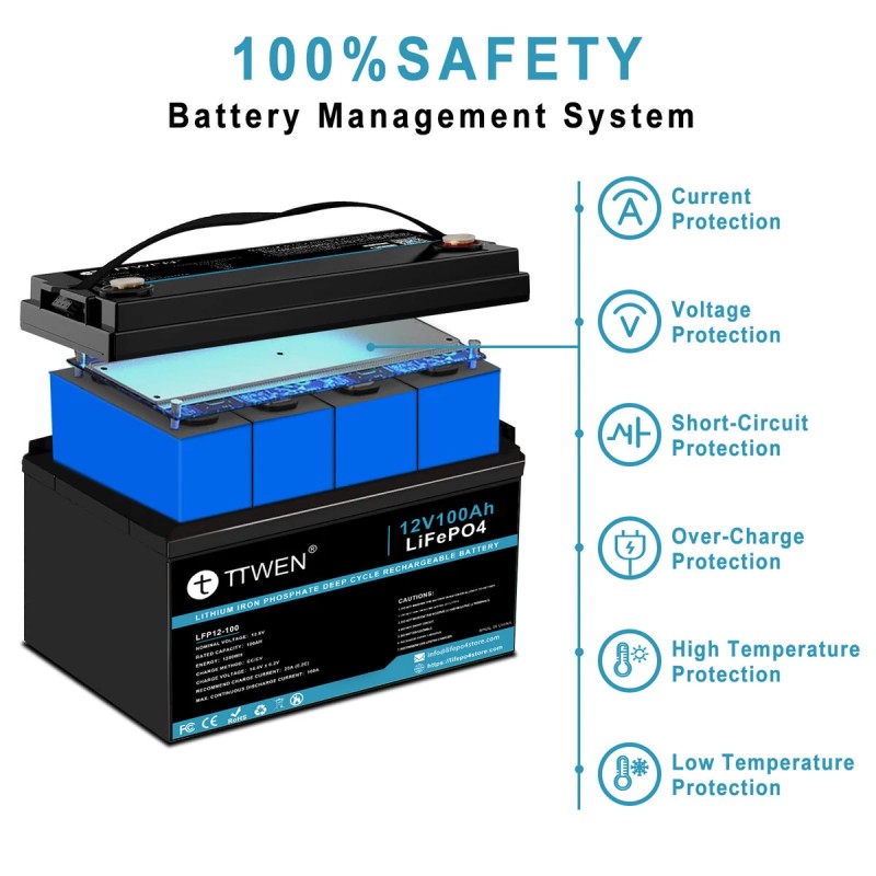 TTWEN LFP12-100LP-BT 12V 100Ah Bluetoothilla LiFePO4-akku 1280Wh pitkäikäinen syväsyklinen