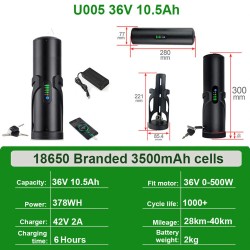 UNITPACKPOWER U005 36V 10.5Ah sähköpyöräakku IP65 alumiinirunko 20A BMS laturi mukana