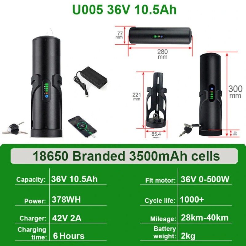 UNITPACKPOWER U005 36V 10.5Ah sähköpyöräakku IP65 alumiinirunko 20A BMS laturi mukana