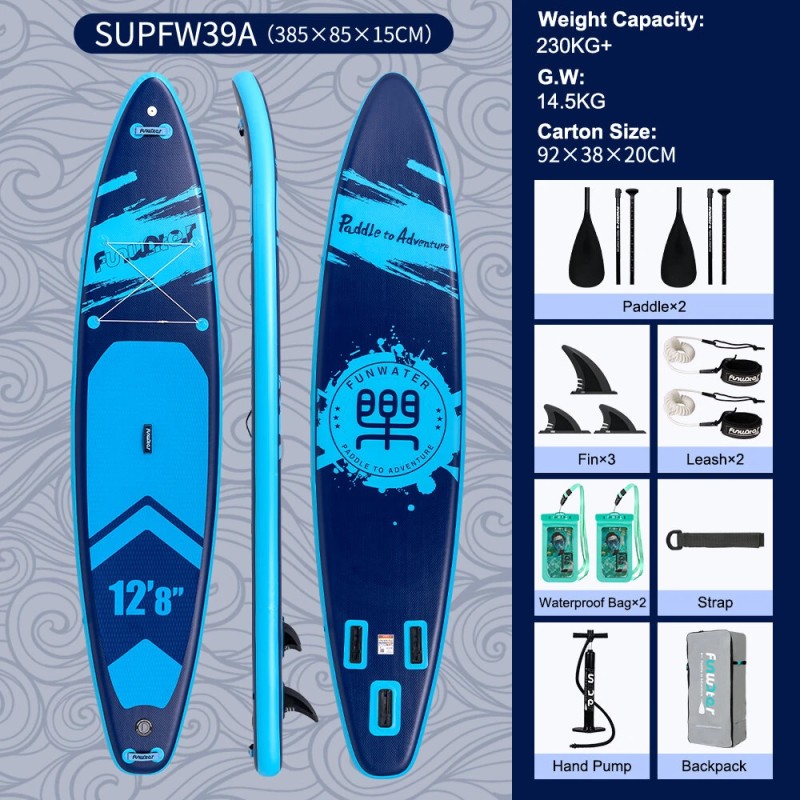 FunWater pidempi ja leveä 385x85x15 cm puhallettava SUP-lauta perheelle ja aikuisille SUPFW39A