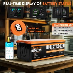 Cloudenergy 48V 105Ah LiFePO4 akku 5376Wh yli 6000 sykliä 250A akunhallinta lcd-näyttö bluetooth