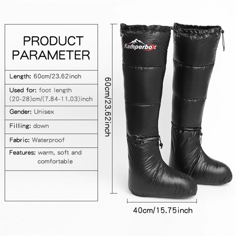 Kamperbox ulkoilmakäyttöön talviset untuvaiset lämpimät vedenkestävät tossukat kiristysnyörillä