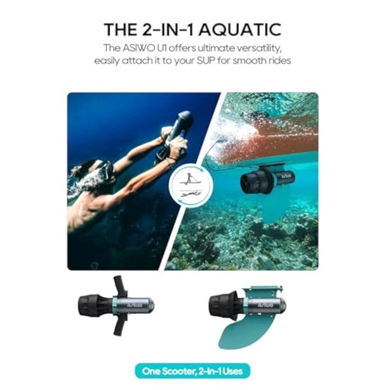ASIWO U1 vedenalainen skootteri 1100 watin kaksoistila kolme nopeustasoa 50 metrin maksimisyvyys