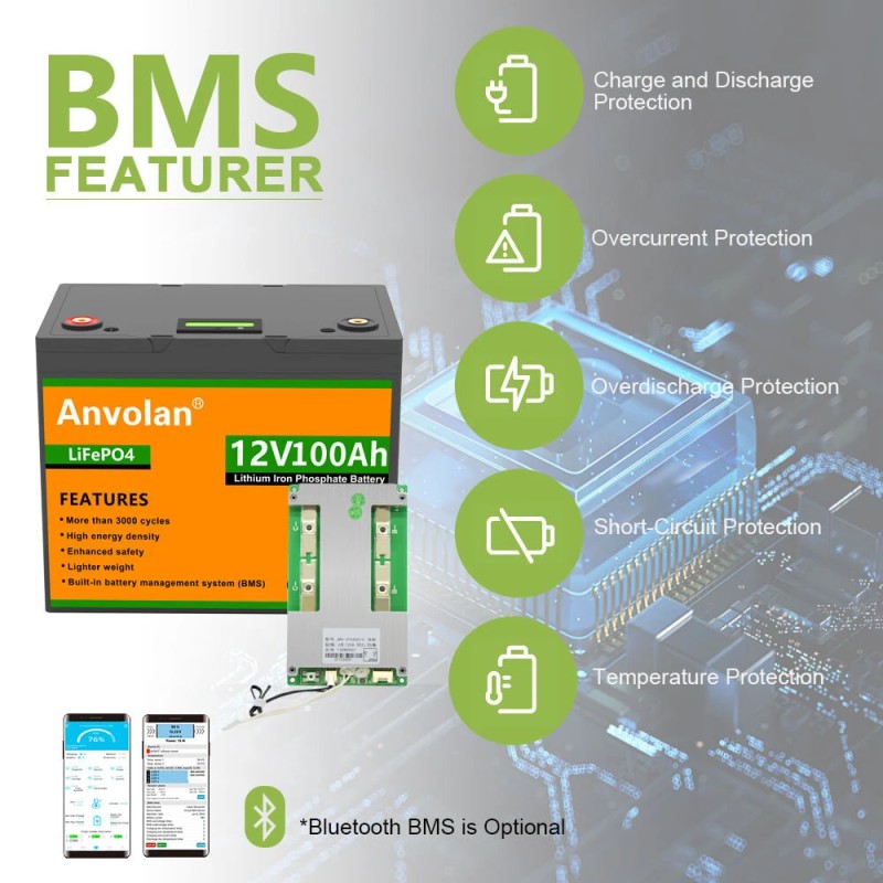 Anvolan 12,8V 100Ah LiFePO4 syväsyklinen akku sisäänrakennetulla BMS-järjestelmällä aurinkojärjestelmille