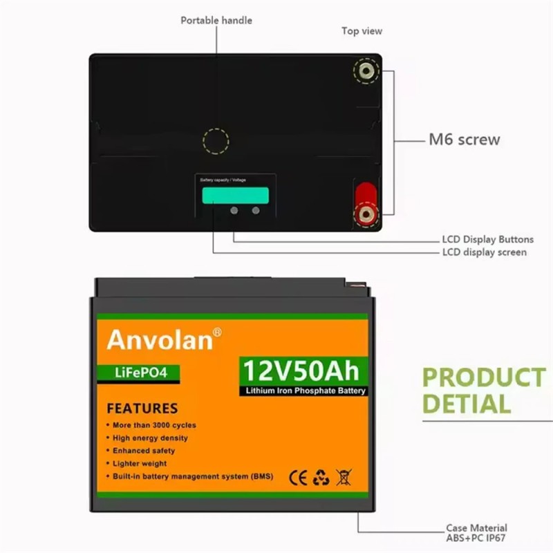 Anvolan LiFePO4 12,8 V 50 Ah syväsyklinen akkupaketti sisäisellä BMS:llä aurinkojärjestelmiin