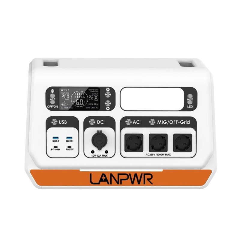 LANPWR 2400PRO kannettava virtalähde LiFePO4 2048Wh 2400W verkkoon kytkettävä invertteri 4 kpl 180W aurinkopaneelia