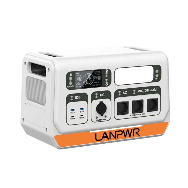 LANPWR 2400PRO kannettava virtalähde LiFePO4 2048Wh 2400W verkkoon kytkettävä invertteri 4 kpl 180W aurinkopaneelia