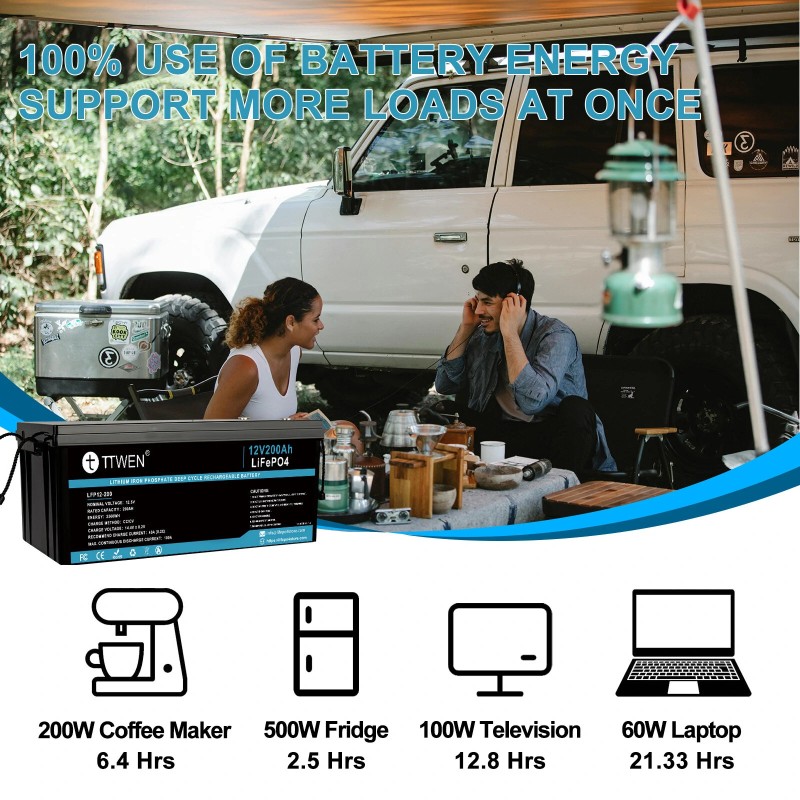 TTWEN 12,8V 200Ah LiFePO4-kenno litiumakku 2560Wh kevyt 100A akunhallintajärjestelmä