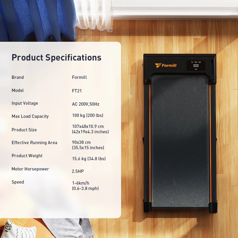 Formill FT-21 taitettava kävelyjuoksumatto 2,5 hv moottori 1-6 km/h hiljainen LED-näyttö kaukosäädin 100 kg:n kantavuus