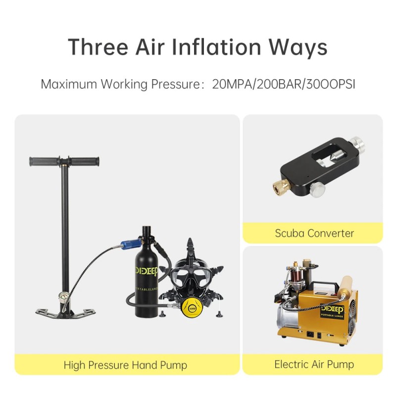 DIDEEP 1L kannettava sukellussetti kokonaamari snorkkelilla ja automaattisella ilmakompressorilla