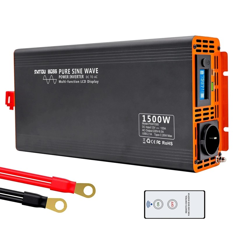 DATOUBOSS puhdas siniaaltoinvertteri 1500W 12V 24V 230V EU pistorasiat LCD näyttö matkailuautoon kotiin
