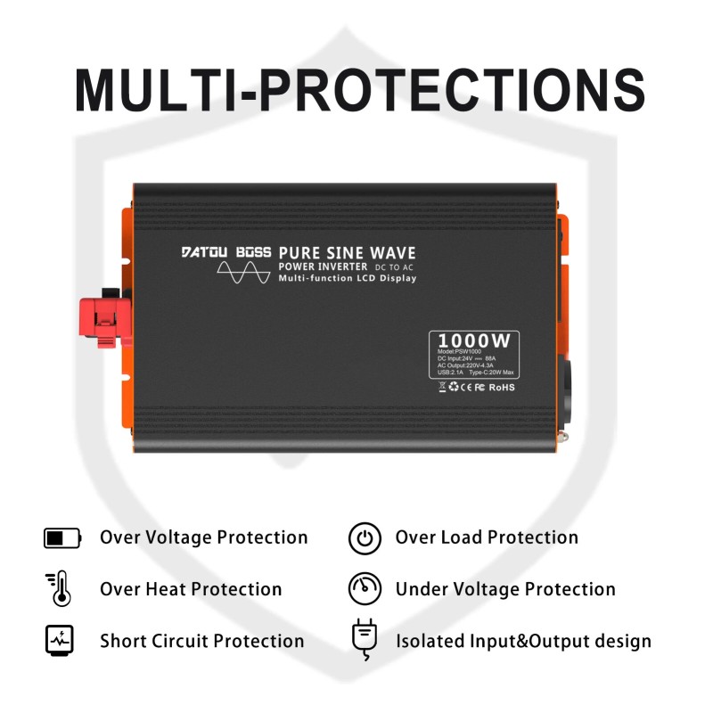 DATOUBOSS puhdas siniaaltoinvertteri 1500W 12V/24V 230V EU-pistorasiat LCD-näyttö matkailuautoon kotiin