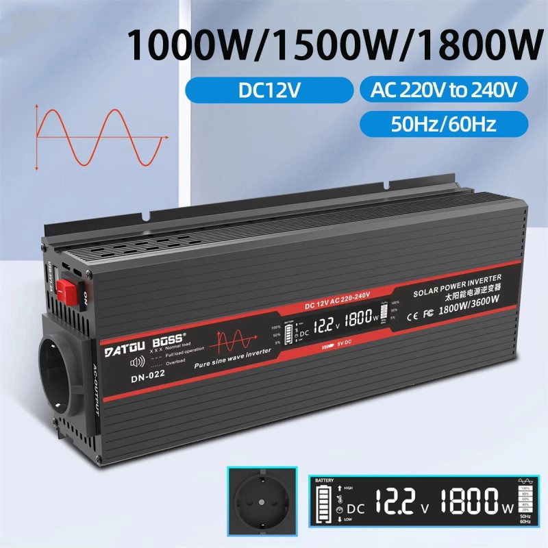 DATOUBOSS inverteri 1000/1500/1800W 12V-230V puhdas siniaalto LCD-näyttö autoihin ja rekkoihin