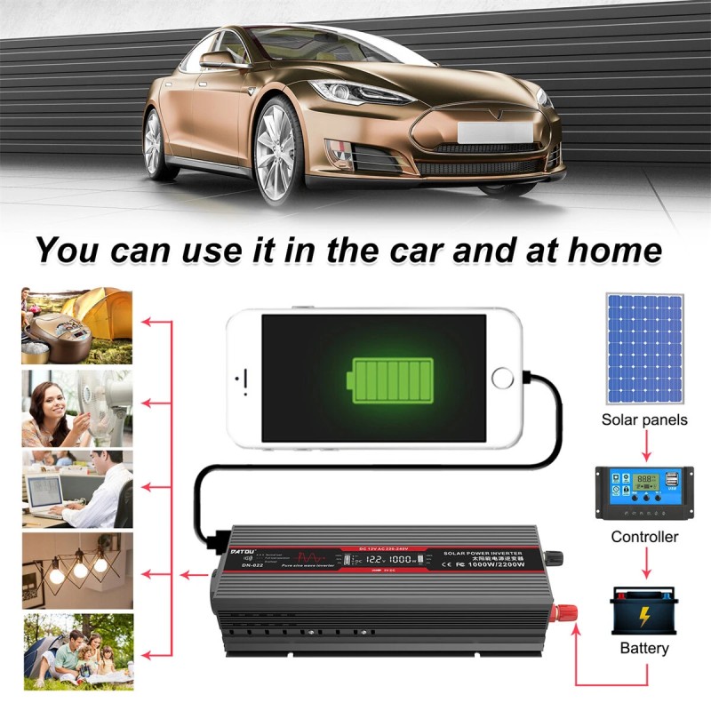 DATOUBOSS inverteri 1000/1500/1800W 12V-230V puhdas siniaalto LCD-näyttö autoihin ja rekkoihin