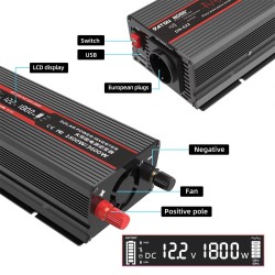 DATOUBOSS inverteri 1000/1500/1800W 12V-230V puhdas siniaalto LCD-näyttö autoihin ja rekkoihin