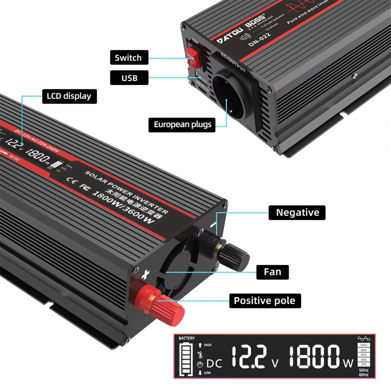 DATOUBOSS inverteri 1000/1500/1800W 12V-230V puhdas siniaalto LCD-näyttö autoihin ja rekkoihin