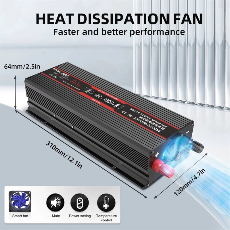 DATOUBOSS inverteri 1000/1500/1800W 12V-230V puhdas siniaalto LCD-näyttö autoihin ja rekkoihin