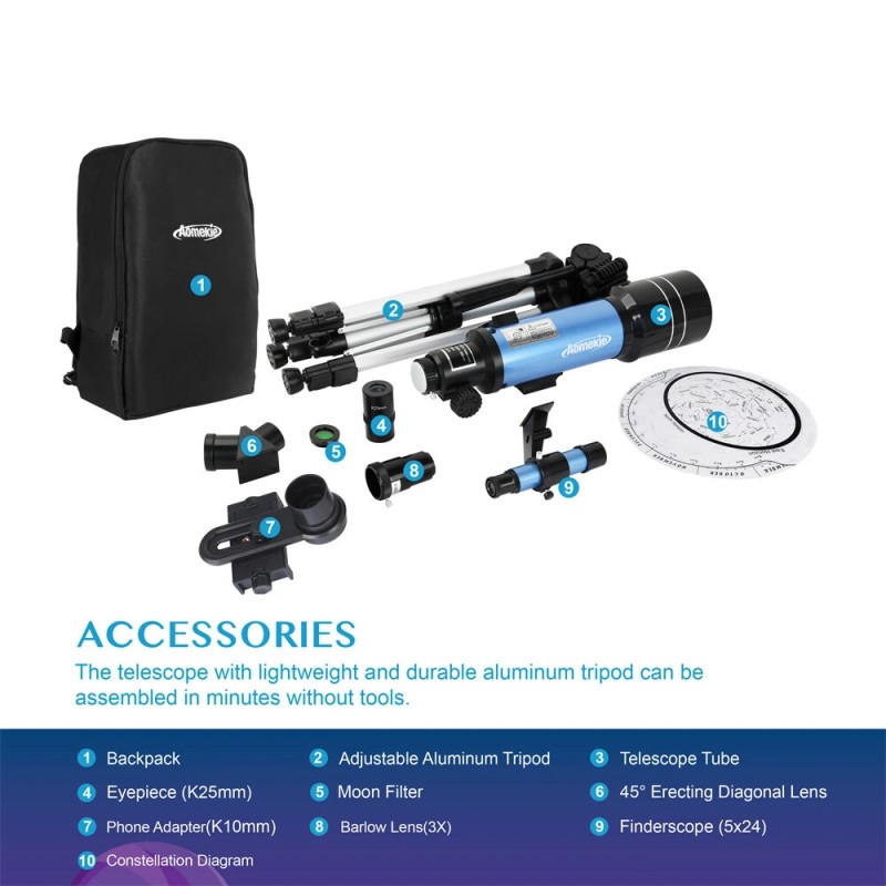AOMEKIE tähtikaukoputki 70 mm 400 mm 120x refraktori alumiinijalusta älypuhelinsovitin kuunsuodin AO2017