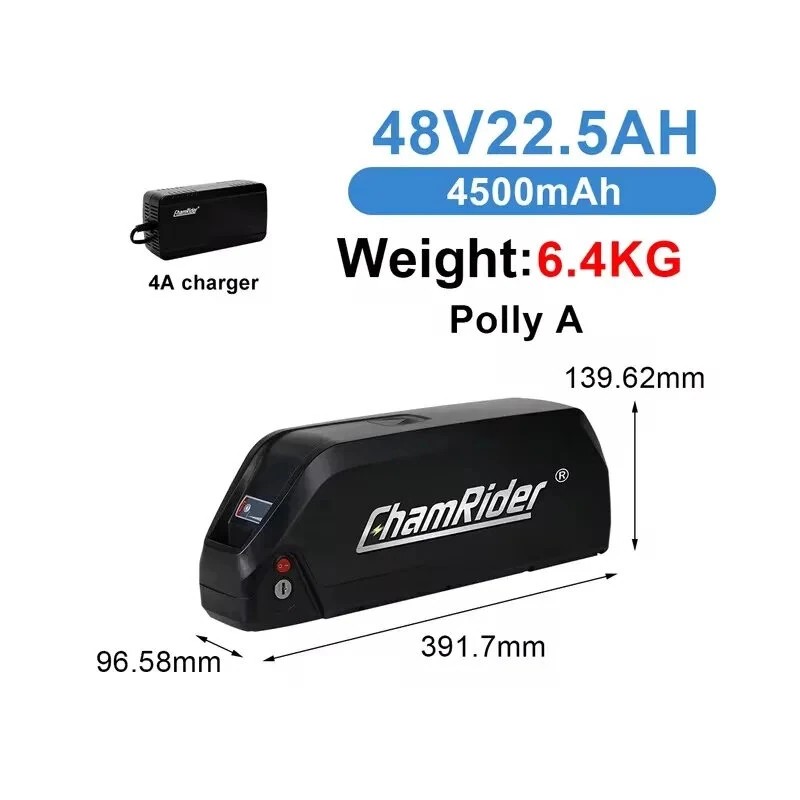 ChamRider Polly A 48V 22.5Ah 1080Wh runkoakku IP65 vedenkestävä 4A laturi sopii 250–2000W moottoreille