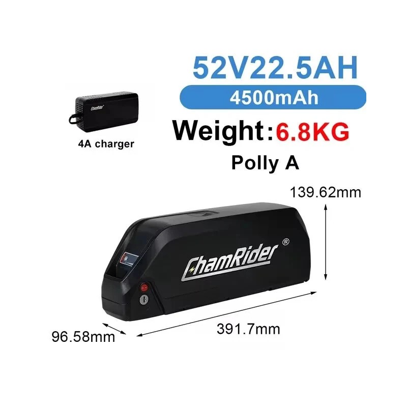 ChamRider Polly A 52V 22,5Ah 1170Wh alasputken sähköpyöräakku 50A akunhallintajärjestelmä vesitiivis laturi mukana