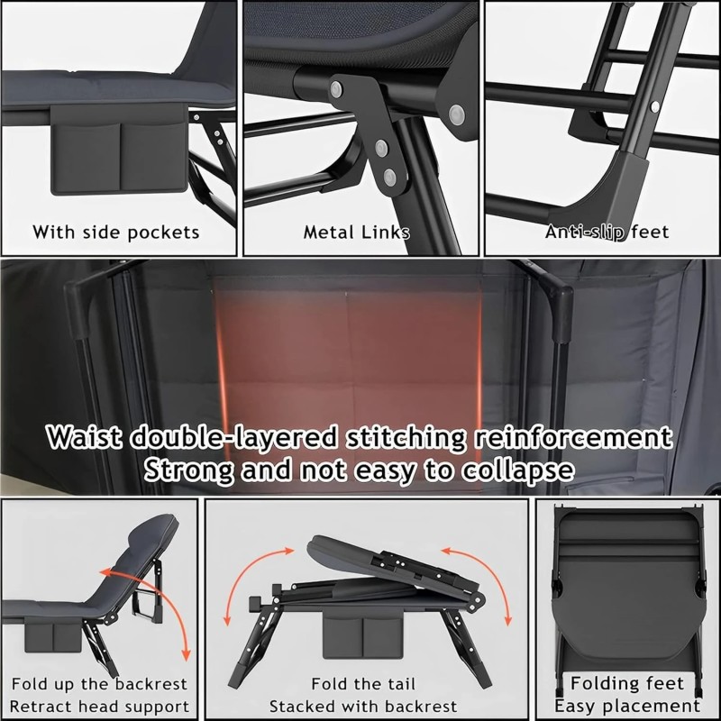 IPRee kannettava kokoontaitettava ulkokäyttöinen aurinkotuoli retkisänky patjalla tyynyllä 190x66x35cm