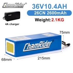 Chamrider 36V 10,4Ah litiumioniakku 374,4Wh IP65 vesitiivis 30A BMS 4A laturi
