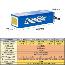 Chamrider PVC 48V 15,6Ah 748,8Wh sähköpyörän akku 2600mAh IP65 vesitiivis
