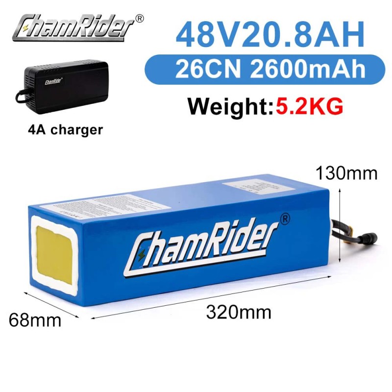 Chamrider 48V 20,8Ah sähköpyörän akku 998,4Wh 18650 30A BMS IP65 XT60-liitin 4A-laturi sopii 250–1000W moottoreille