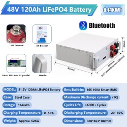 LiFePO4 51,2V 100/120/150Ah litiumakku akkunhallintajärjestelmällä bluetoothilla kotiin aurinkoenergian varastointi