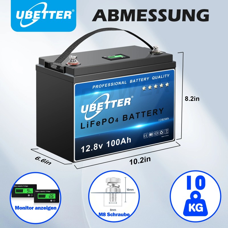 UBETTER LiFePO4 100Ah kompakti 12,8V litiumakku 100A BMS matkailuautoon