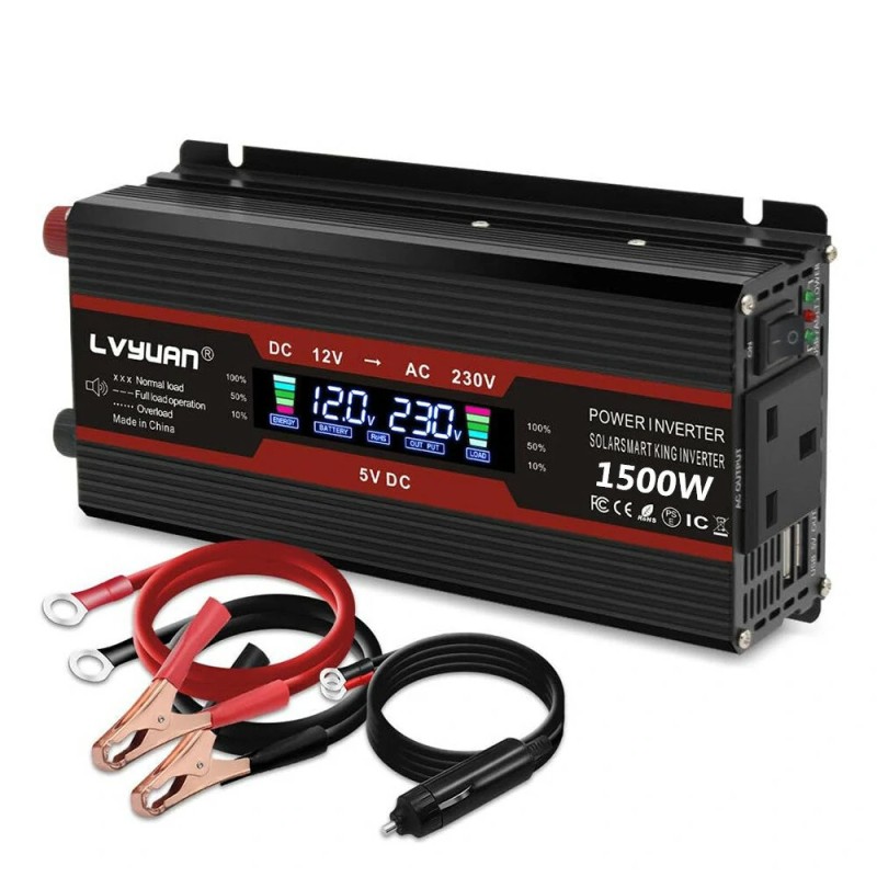 LVYUAN 12V–230V autoinvertteri 500W 1500W huippu kaksi latausporttia nestekidenäyttö eurooppalainen pistoke