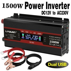 LVYUAN 12V–230V autoinvertteri 500W 1500W huippu kaksi latausporttia nestekidenäyttö eurooppalainen pistoke