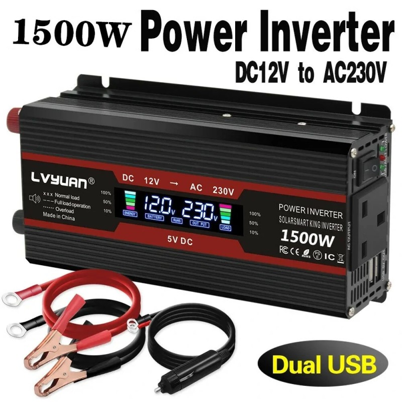 LVYUAN 12V–230V autoinvertteri 500W 1500W huippu kaksi latausporttia nestekidenäyttö eurooppalainen pistoke