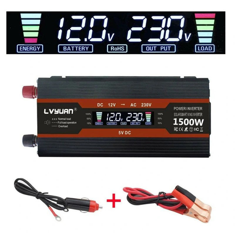 LVYUAN 12V–230V autoinvertteri 500W 1500W huippu kaksi latausporttia nestekidenäyttö eurooppalainen pistoke