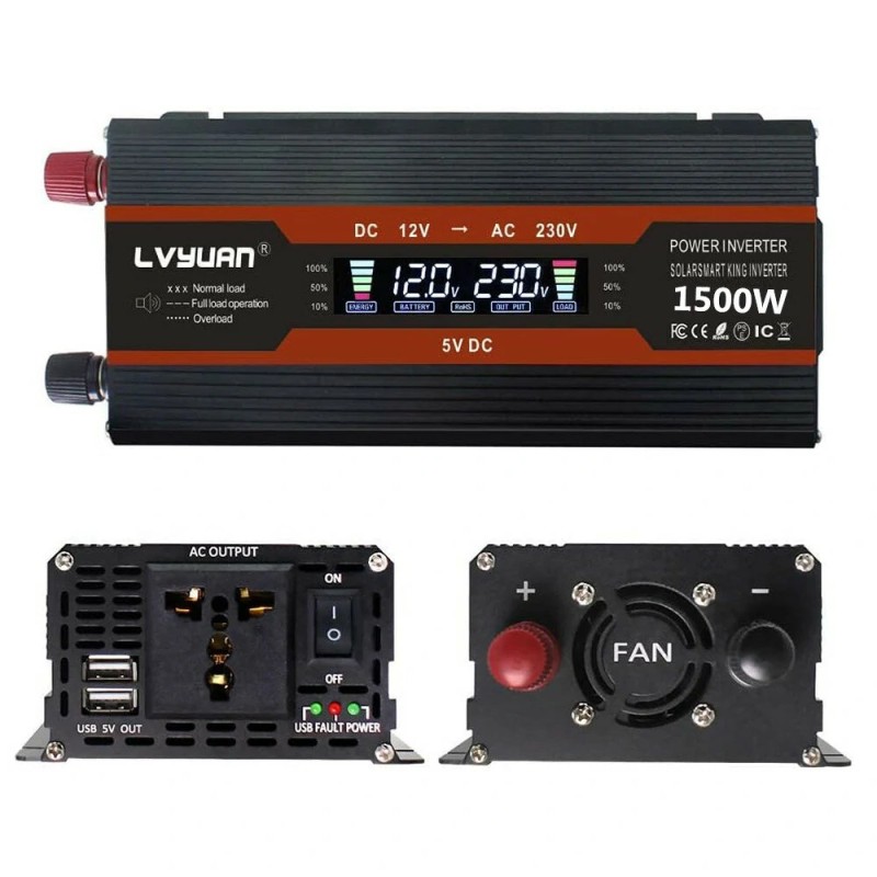 LVYUAN 12V–230V autoinvertteri 500W 1500W huippu kaksi latausporttia nestekidenäyttö eurooppalainen pistoke